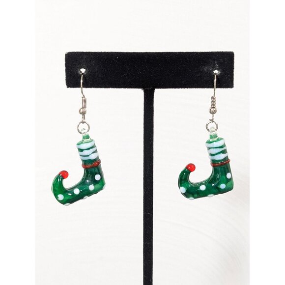 Artisan Christmas Elf Glass Earrings Green White Polka Dot Dangle - Picture 1 of 7